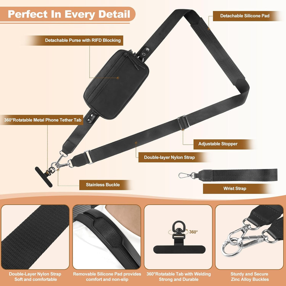 Clip and Go Strap for Phone with Wallet Crossbody, Adjustable Phone Lanyard with Detachable RFID Wristlet Wallet, Universal Phone Strap with 360° Rotatable Phone Tabs for All Phones (Black)