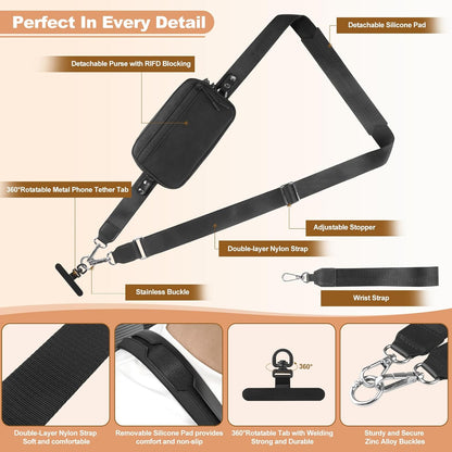 Clip and Go Strap for Phone with Wallet Crossbody, Adjustable Phone Lanyard with Detachable RFID Wristlet Wallet, Universal Phone Strap with 360° Rotatable Phone Tabs for All Phones (Black)