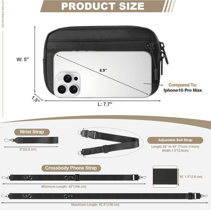 Clip and Go Strap for Phone with Wallet Crossbody, Adjustable Phone Lanyard with Detachable RFID Wristlet Wallet, Universal Phone Strap with 360° Rotatable Phone Tabs for All Phones (Black)