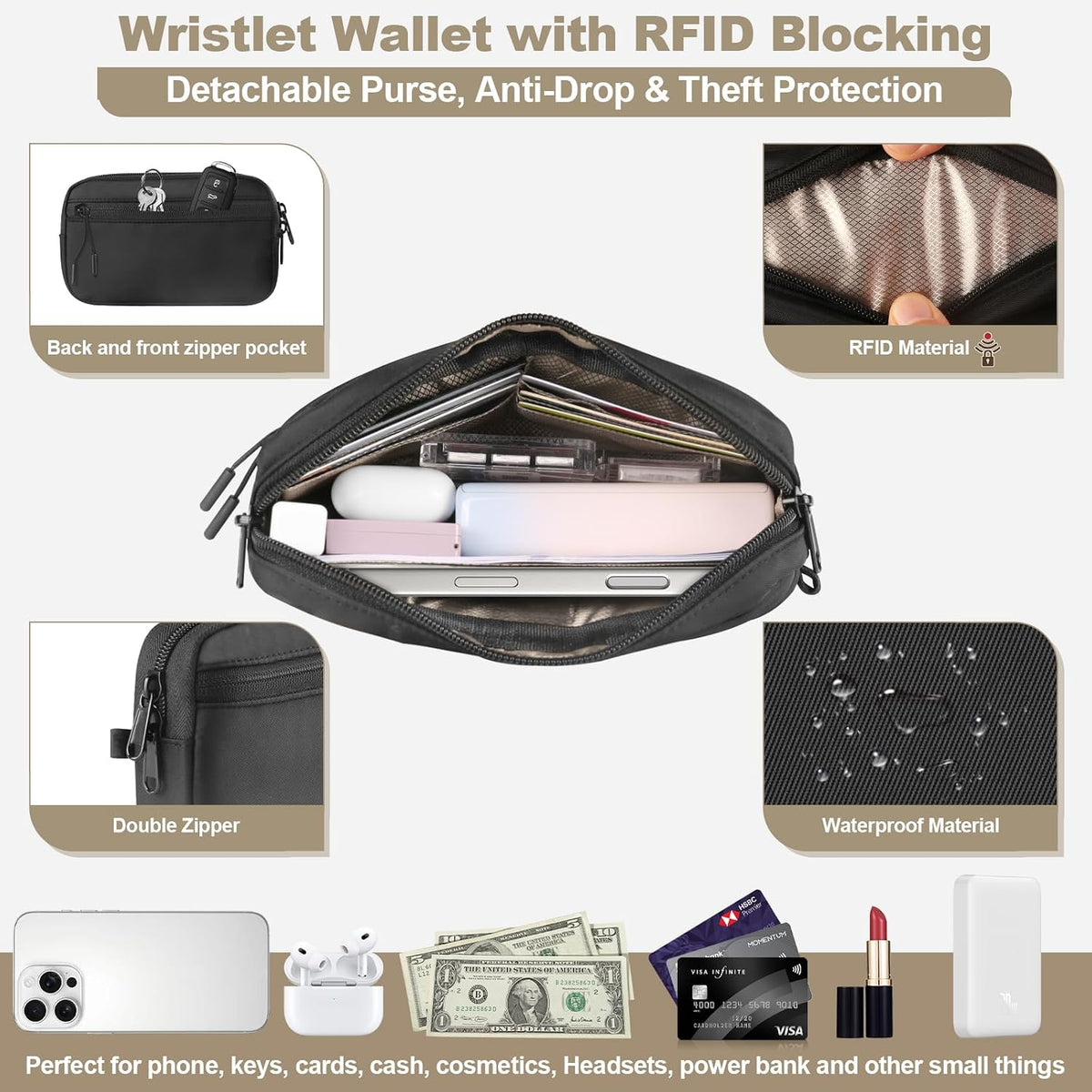 Clip and Go Strap for Phone with Wallet Crossbody, Adjustable Phone Lanyard with Detachable RFID Wristlet Wallet, Universal Phone Strap with 360° Rotatable Phone Tabs for All Phones (Black)