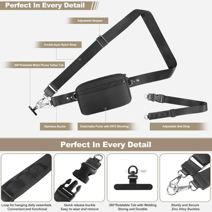 Clip and Go Strap for Phone with Wallet Crossbody, Adjustable Phone Lanyard with Detachable RFID Wristlet Wallet, Universal Phone Strap with 360° Rotatable Phone Tabs for All Phones (Black)