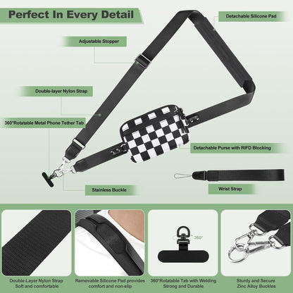 Clip and Go Strap for Phone with Wallet Crossbody, Adjustable Phone Lanyard with Detachable RFID Wristlet Wallet, Universal Phone Strap with 360° Rotatable Phone Tabs for All Phones (Black)