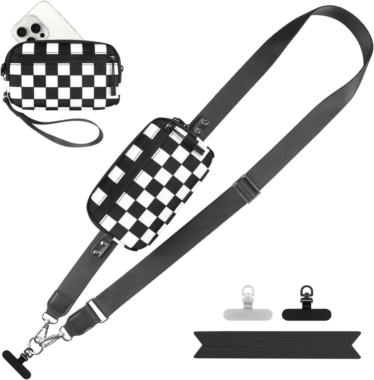 Clip and Go Strap for Phone with Wallet Crossbody, Adjustable Phone Lanyard with Detachable RFID Wristlet Wallet, Universal Phone Strap with 360° Rotatable Phone Tabs for All Phones (Black)