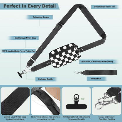 Clip and Go Strap for Phone with Wallet Crossbody, Adjustable Phone Lanyard with Detachable RFID Wristlet Wallet, Universal Phone Strap with 360° Rotatable Phone Tabs for All Phones (Black)