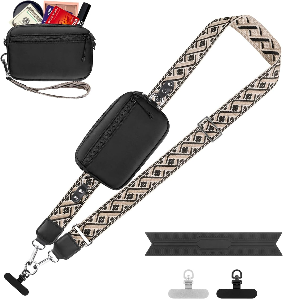 Clip and Go Strap for Phone with Wallet Crossbody, Adjustable Phone Lanyard with Detachable RFID Wristlet Wallet, Universal Phone Strap with 360° Rotatable Phone Tabs for All Phones (Black)