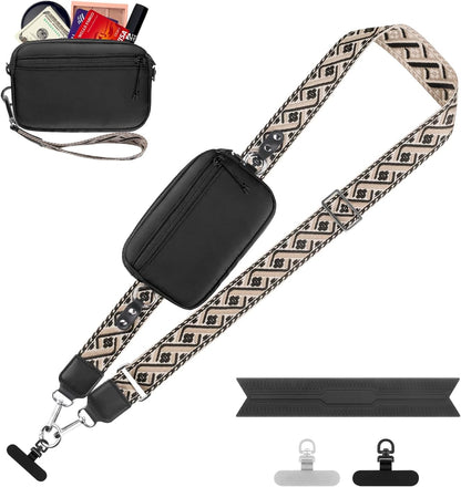 Clip and Go Strap for Phone with Wallet Crossbody, Adjustable Phone Lanyard with Detachable RFID Wristlet Wallet, Universal Phone Strap with 360° Rotatable Phone Tabs for All Phones (Black)