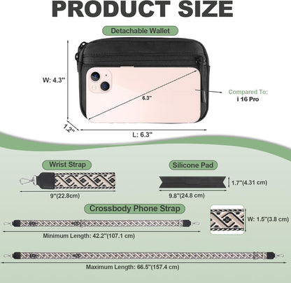 Clip and Go Strap for Phone with Wallet Crossbody, Adjustable Phone Lanyard with Detachable RFID Wristlet Wallet, Universal Phone Strap with 360° Rotatable Phone Tabs for All Phones (Black)