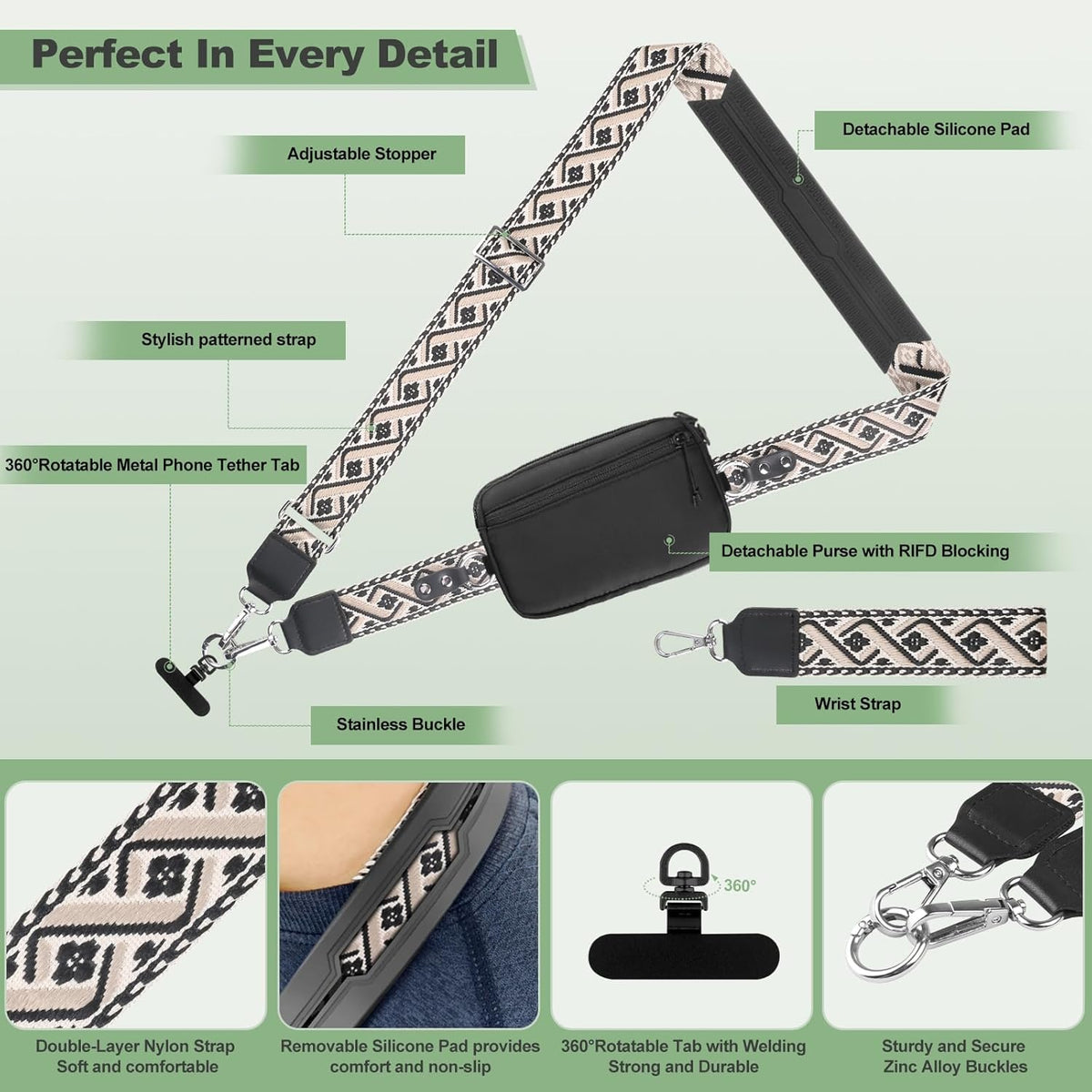 Clip and Go Strap for Phone with Wallet Crossbody, Adjustable Phone Lanyard with Detachable RFID Wristlet Wallet, Universal Phone Strap with 360° Rotatable Phone Tabs for All Phones (Black)
