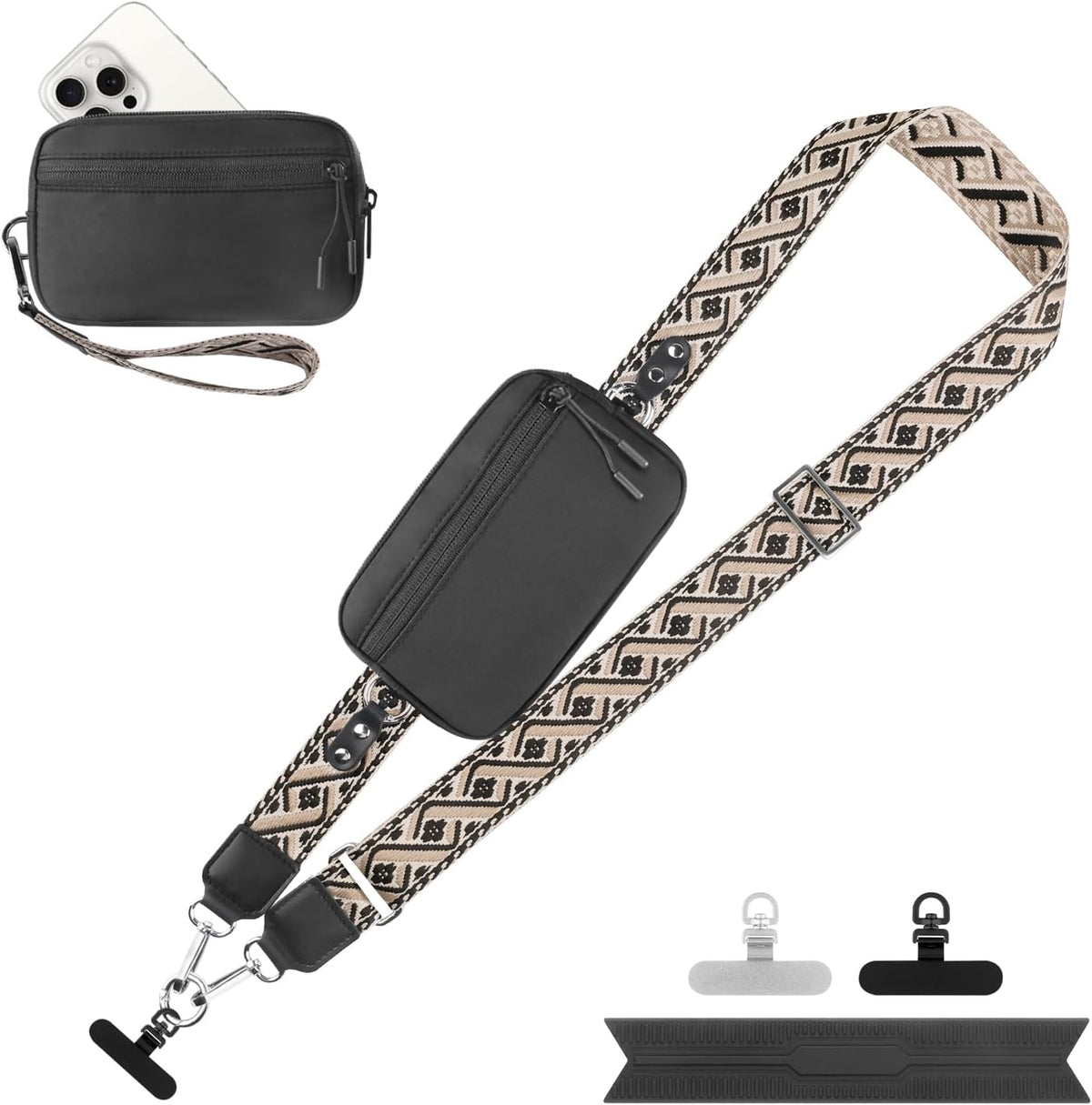 Clip and Go Strap for Phone with Wallet Crossbody, Adjustable Phone Lanyard with Detachable RFID Wristlet Wallet, Universal Phone Strap with 360° Rotatable Phone Tabs for All Phones (Black)