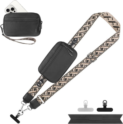 Clip and Go Strap for Phone with Wallet Crossbody, Adjustable Phone Lanyard with Detachable RFID Wristlet Wallet, Universal Phone Strap with 360° Rotatable Phone Tabs for All Phones (Black)