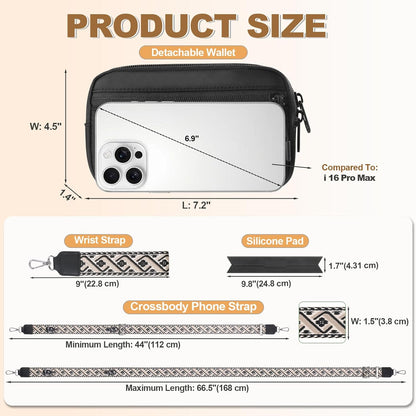 Clip and Go Strap for Phone with Wallet Crossbody, Adjustable Phone Lanyard with Detachable RFID Wristlet Wallet, Universal Phone Strap with 360° Rotatable Phone Tabs for All Phones (Black)