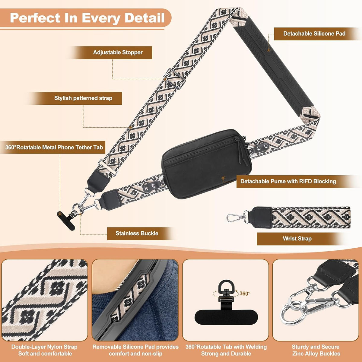 Clip and Go Strap for Phone with Wallet Crossbody, Adjustable Phone Lanyard with Detachable RFID Wristlet Wallet, Universal Phone Strap with 360° Rotatable Phone Tabs for All Phones (Black)