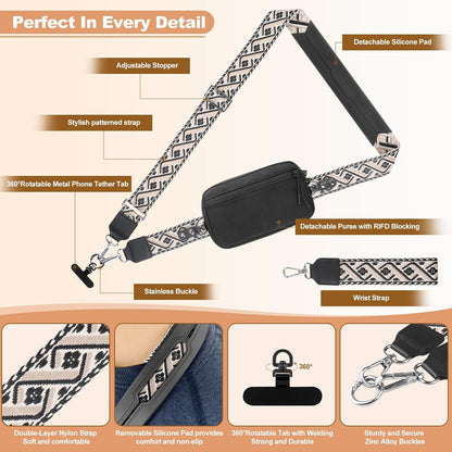 Clip and Go Strap for Phone with Wallet Crossbody, Adjustable Phone Lanyard with Detachable RFID Wristlet Wallet, Universal Phone Strap with 360° Rotatable Phone Tabs for All Phones (Black)