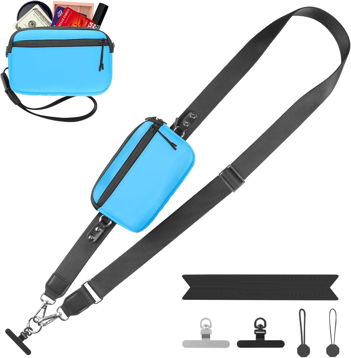 Clip and Go Strap for Phone with Wallet Crossbody, Adjustable Phone Lanyard with Detachable RFID Wristlet Wallet, Universal Phone Strap with 360° Rotatable Phone Tabs for All Phones (Black)