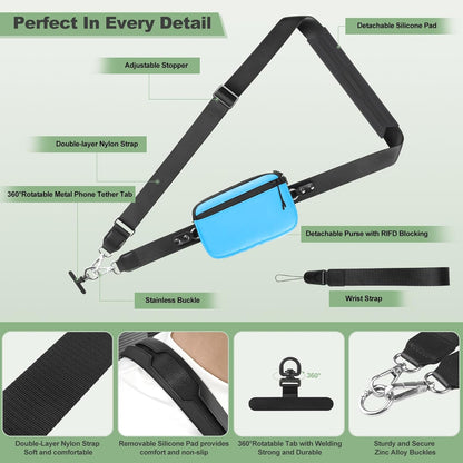 Clip and Go Strap for Phone with Wallet Crossbody, Adjustable Phone Lanyard with Detachable RFID Wristlet Wallet, Universal Phone Strap with 360° Rotatable Phone Tabs for All Phones (Black)