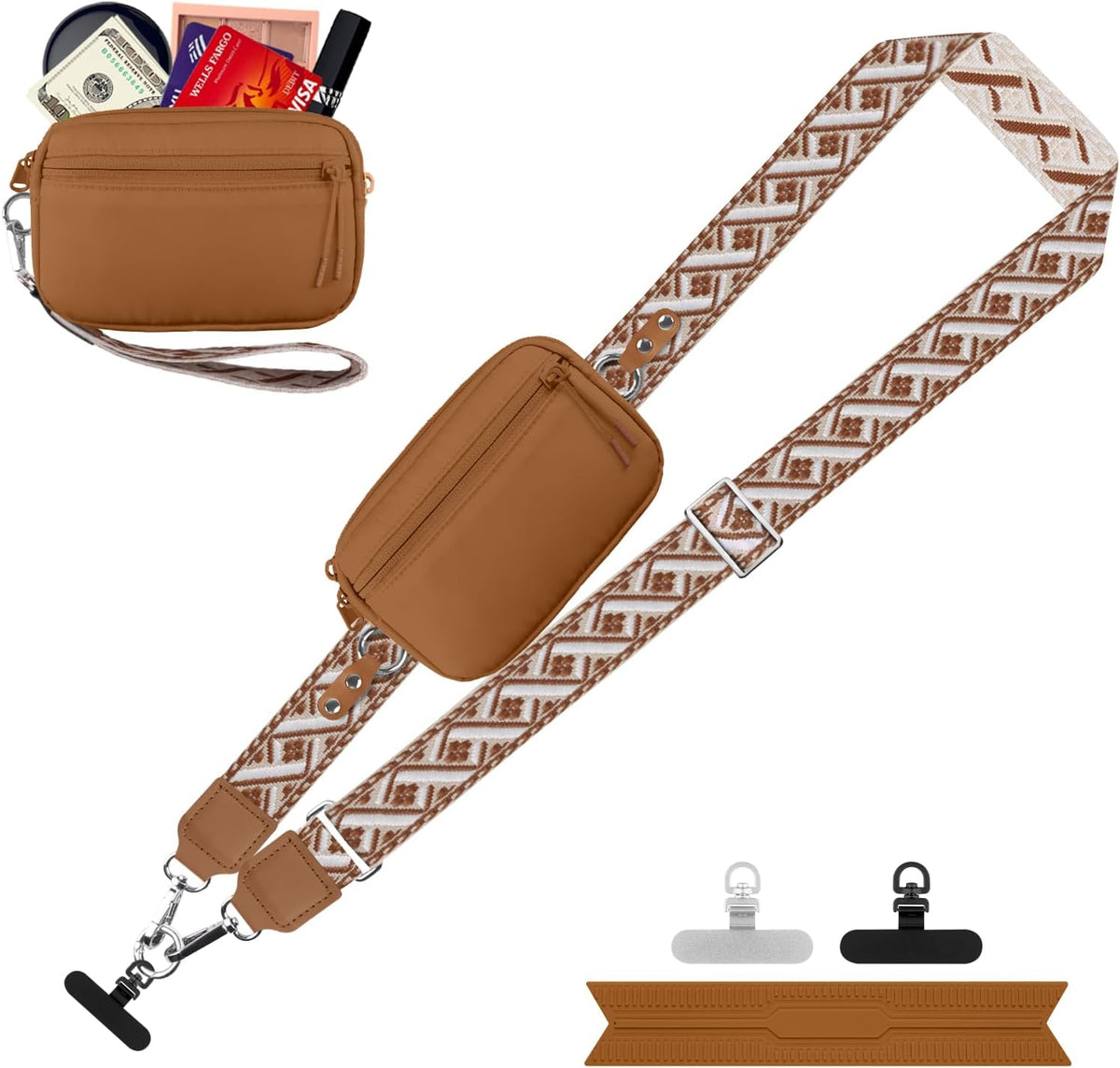 Clip and Go Strap for Phone with Wallet Crossbody, Adjustable Phone Lanyard with Detachable RFID Wristlet Wallet, Universal Phone Strap with 360° Rotatable Phone Tabs for All Phones (Black)