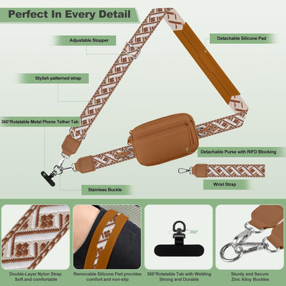 Clip and Go Strap for Phone with Wallet Crossbody, Adjustable Phone Lanyard with Detachable RFID Wristlet Wallet, Universal Phone Strap with 360° Rotatable Phone Tabs for All Phones (Black)