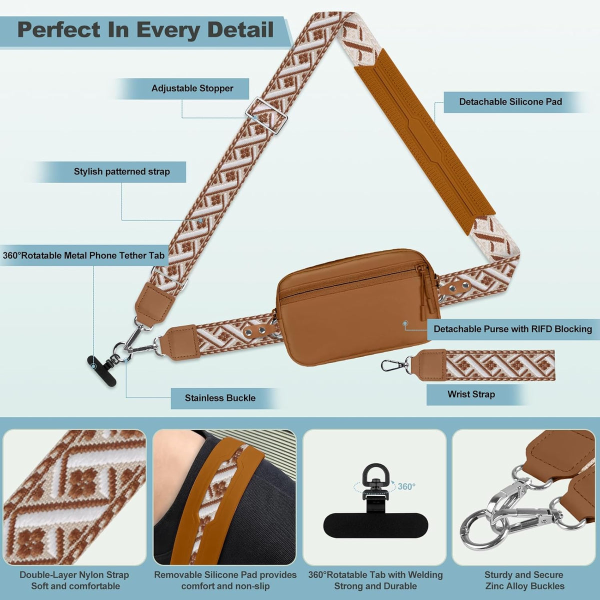 Clip and Go Strap for Phone with Wallet Crossbody, Adjustable Phone Lanyard with Detachable RFID Wristlet Wallet, Universal Phone Strap with 360° Rotatable Phone Tabs for All Phones (Black)