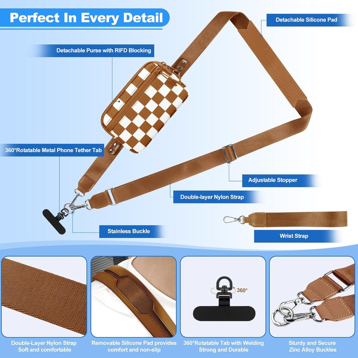 Clip and Go Strap for Phone with Wallet Crossbody, Adjustable Phone Lanyard with Detachable RFID Wristlet Wallet, Universal Phone Strap with 360° Rotatable Phone Tabs for All Phones (Black)
