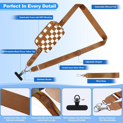 Clip and Go Strap for Phone with Wallet Crossbody, Adjustable Phone Lanyard with Detachable RFID Wristlet Wallet, Universal Phone Strap with 360° Rotatable Phone Tabs for All Phones (Black)