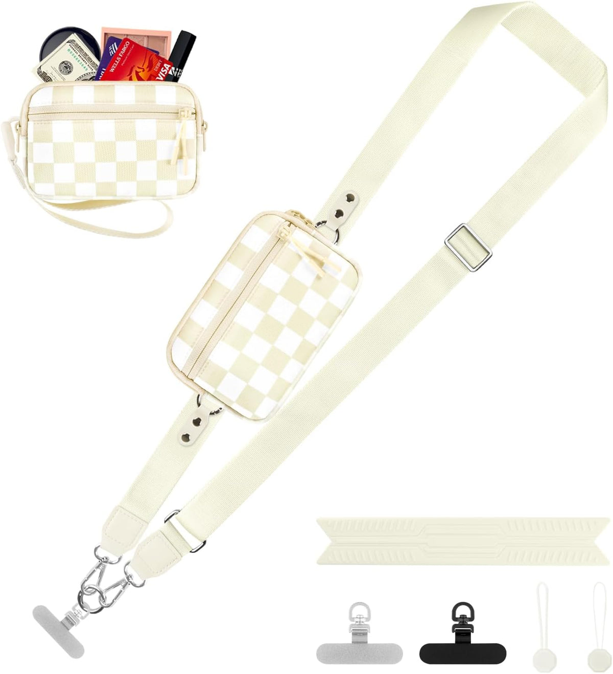 Clip and Go Strap for Phone with Wallet Crossbody, Adjustable Phone Lanyard with Detachable RFID Wristlet Wallet, Universal Phone Strap with 360° Rotatable Phone Tabs for All Phones (Black)