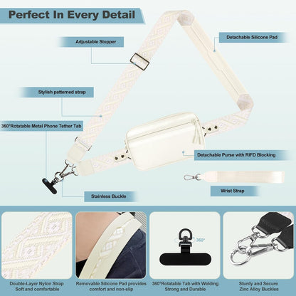 Clip and Go Strap for Phone with Wallet Crossbody, Adjustable Phone Lanyard with Detachable RFID Wristlet Wallet, Universal Phone Strap with 360° Rotatable Phone Tabs for All Phones (Black)