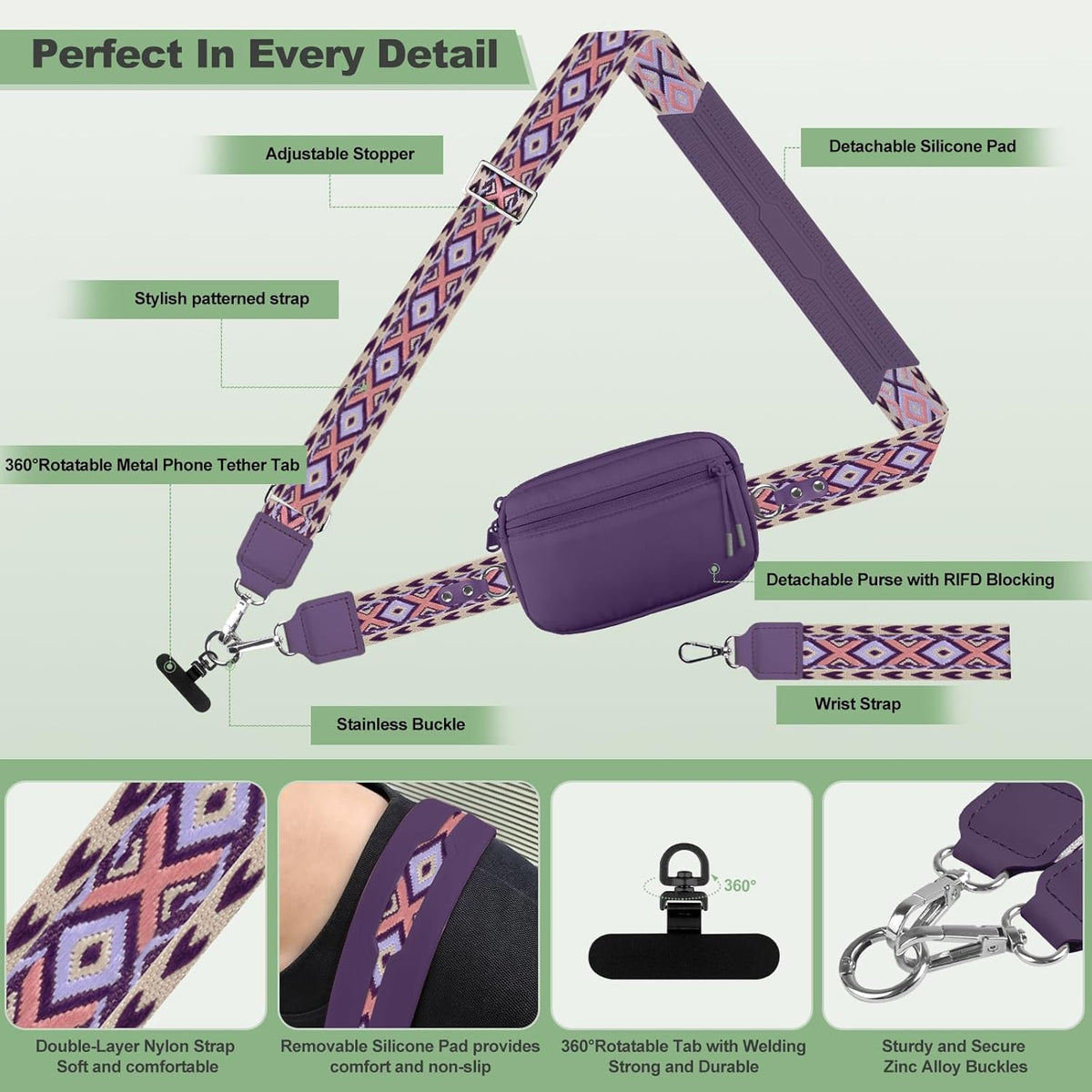 Clip and Go Strap for Phone with Wallet Crossbody, Adjustable Phone Lanyard with Detachable RFID Wristlet Wallet, Universal Phone Strap with 360° Rotatable Phone Tabs for All Phones (Black)