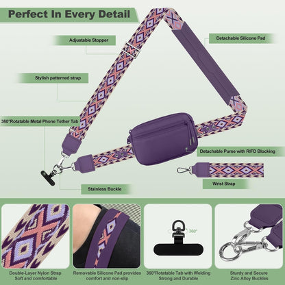Clip and Go Strap for Phone with Wallet Crossbody, Adjustable Phone Lanyard with Detachable RFID Wristlet Wallet, Universal Phone Strap with 360° Rotatable Phone Tabs for All Phones (Black)