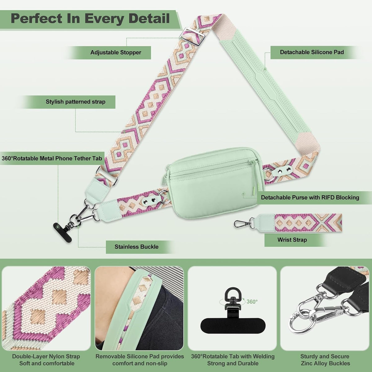 Clip and Go Strap for Phone with Wallet Crossbody, Adjustable Phone Lanyard with Detachable RFID Wristlet Wallet, Universal Phone Strap with 360° Rotatable Phone Tabs for All Phones (Black)