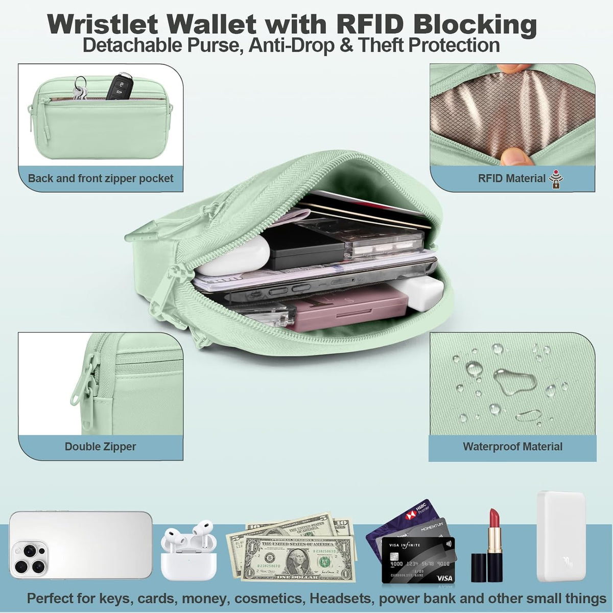 Clip and Go Strap for Phone with Wallet Crossbody, Adjustable Phone Lanyard with Detachable RFID Wristlet Wallet, Universal Phone Strap with 360° Rotatable Phone Tabs for All Phones (Black)