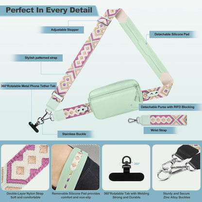 Clip and Go Strap for Phone with Wallet Crossbody, Adjustable Phone Lanyard with Detachable RFID Wristlet Wallet, Universal Phone Strap with 360° Rotatable Phone Tabs for All Phones (Black)