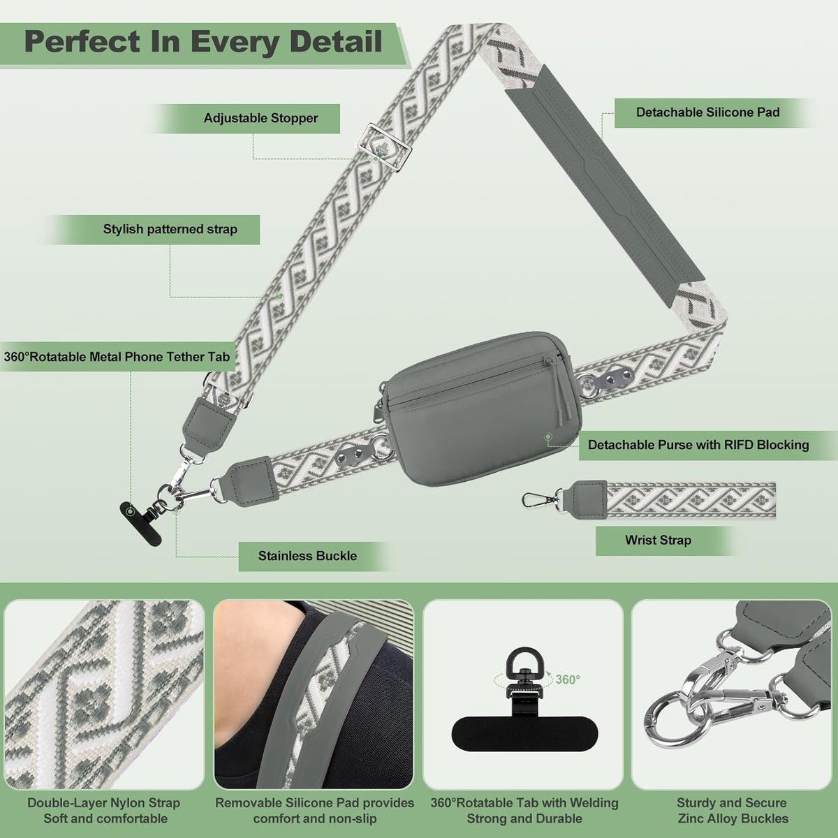 Clip and Go Strap for Phone with Wallet Crossbody, Adjustable Phone Lanyard with Detachable RFID Wristlet Wallet, Universal Phone Strap with 360° Rotatable Phone Tabs for All Phones (Black)