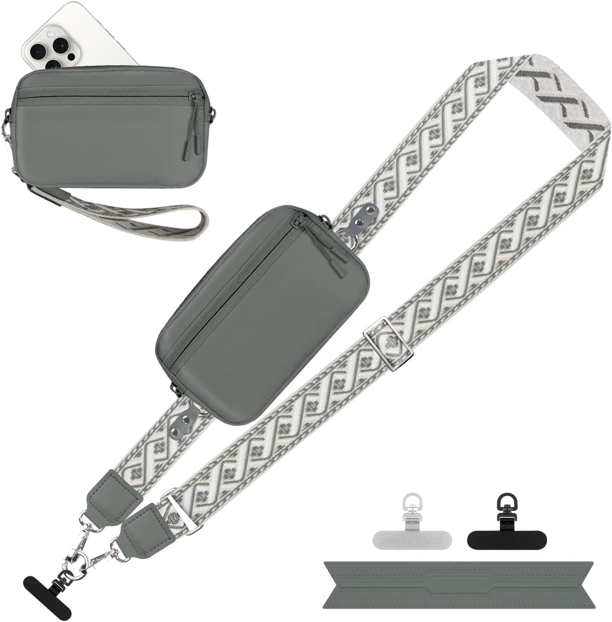 Clip and Go Strap for Phone with Wallet Crossbody, Adjustable Phone Lanyard with Detachable RFID Wristlet Wallet, Universal Phone Strap with 360° Rotatable Phone Tabs for All Phones (Black)