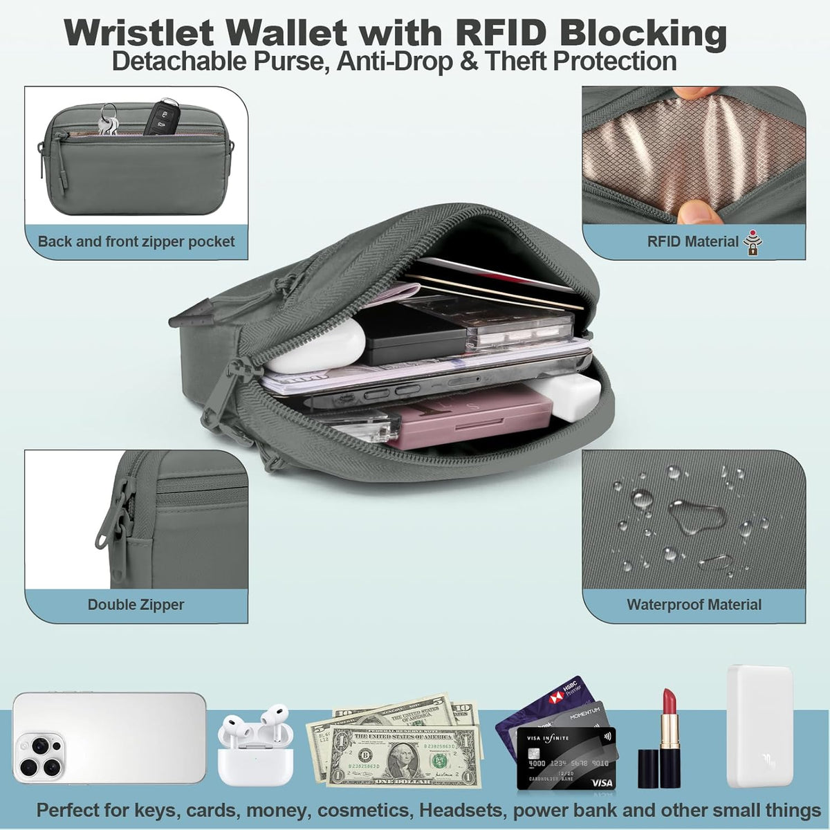 Clip and Go Strap for Phone with Wallet Crossbody, Adjustable Phone Lanyard with Detachable RFID Wristlet Wallet, Universal Phone Strap with 360° Rotatable Phone Tabs for All Phones (Black)