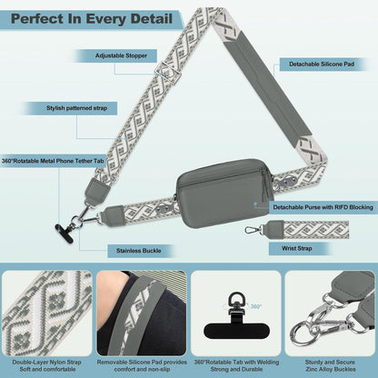 Clip and Go Strap for Phone with Wallet Crossbody, Adjustable Phone Lanyard with Detachable RFID Wristlet Wallet, Universal Phone Strap with 360° Rotatable Phone Tabs for All Phones (Black)