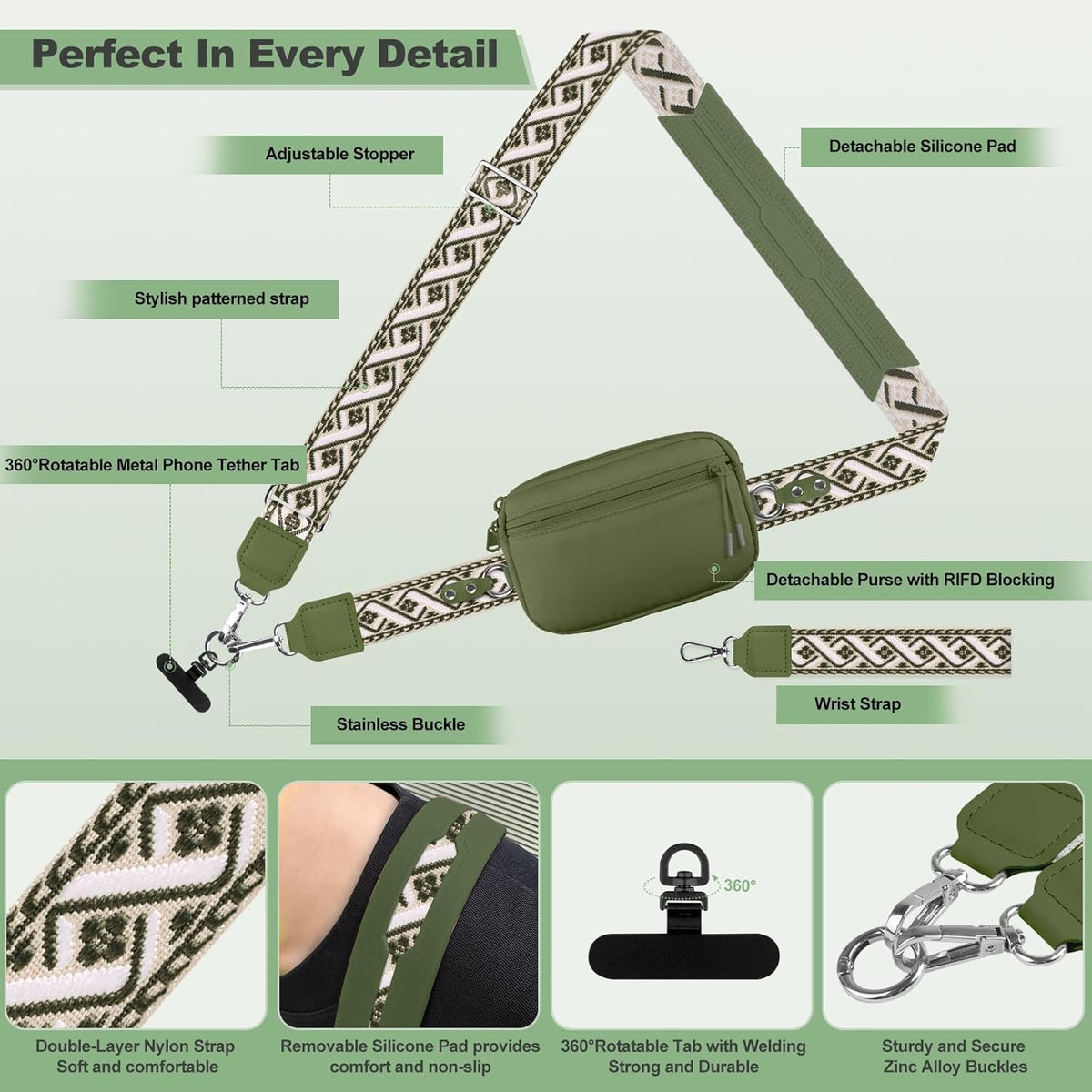 Clip and Go Strap for Phone with Wallet Crossbody, Adjustable Phone Lanyard with Detachable RFID Wristlet Wallet, Universal Phone Strap with 360° Rotatable Phone Tabs for All Phones (Black)