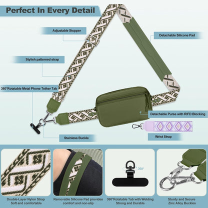 Clip and Go Strap for Phone with Wallet Crossbody, Adjustable Phone Lanyard with Detachable RFID Wristlet Wallet, Universal Phone Strap with 360° Rotatable Phone Tabs for All Phones (Black)