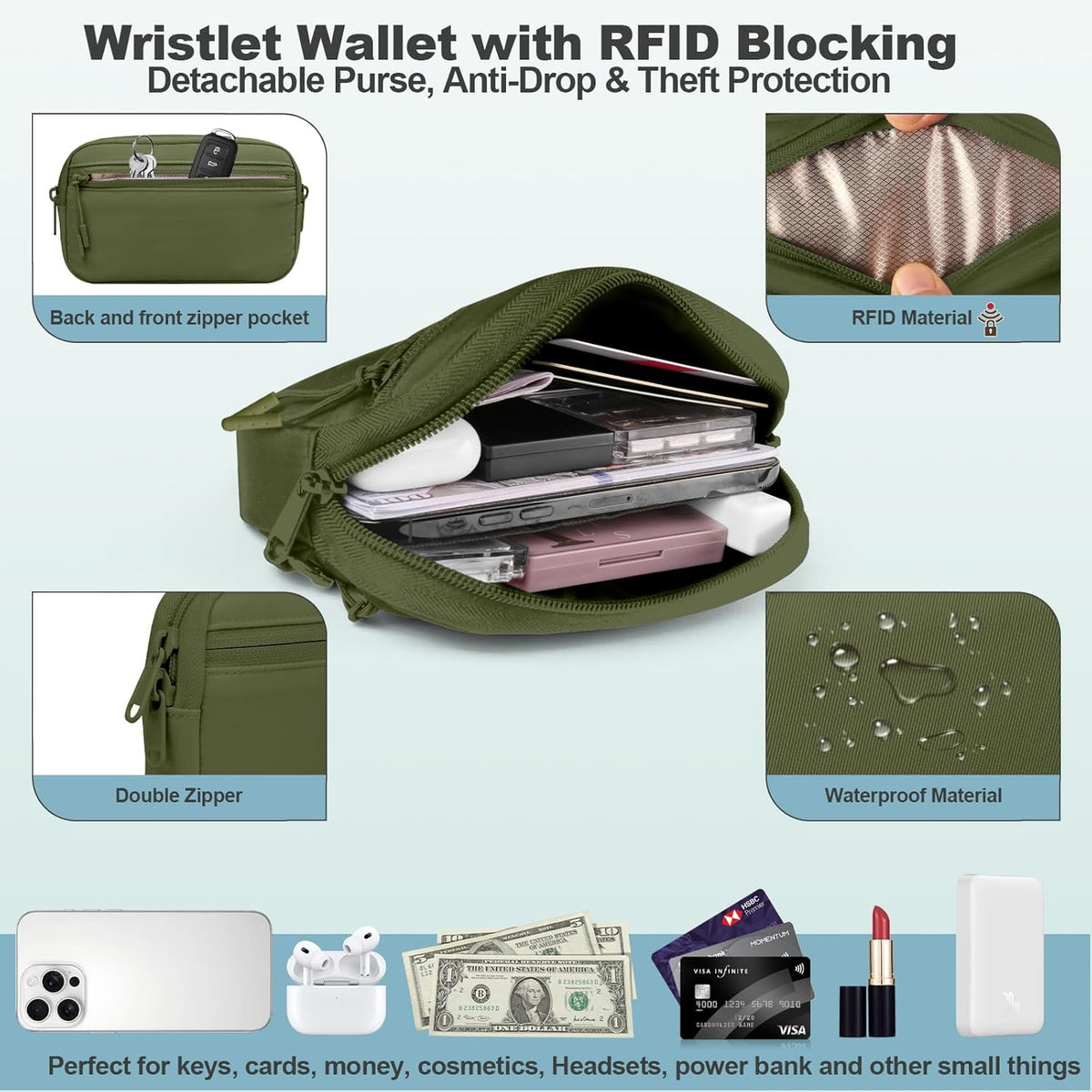 Clip and Go Strap for Phone with Wallet Crossbody, Adjustable Phone Lanyard with Detachable RFID Wristlet Wallet, Universal Phone Strap with 360° Rotatable Phone Tabs for All Phones (Black)