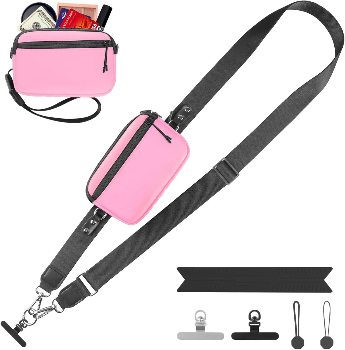 Clip and Go Strap for Phone with Wallet Crossbody, Adjustable Phone Lanyard with Detachable RFID Wristlet Wallet, Universal Phone Strap with 360° Rotatable Phone Tabs for All Phones (Black)
