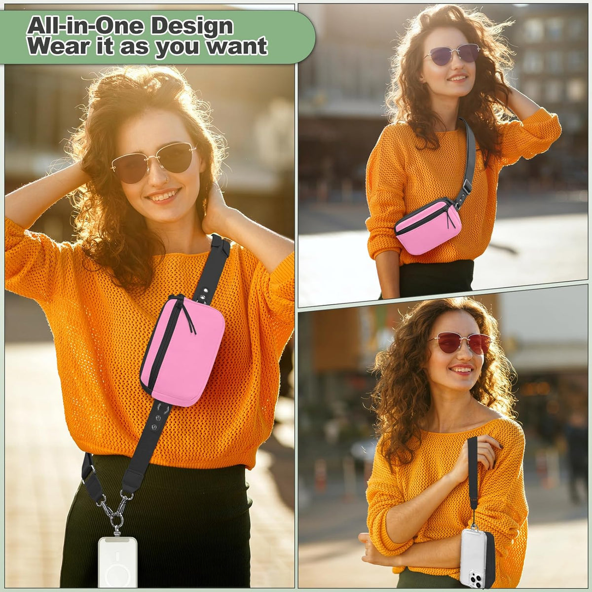 Clip and Go Strap for Phone with Wallet Crossbody, Adjustable Phone Lanyard with Detachable RFID Wristlet Wallet, Universal Phone Strap with 360° Rotatable Phone Tabs for All Phones (Black)