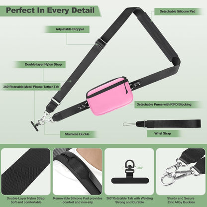 Clip and Go Strap for Phone with Wallet Crossbody, Adjustable Phone Lanyard with Detachable RFID Wristlet Wallet, Universal Phone Strap with 360° Rotatable Phone Tabs for All Phones (Black)