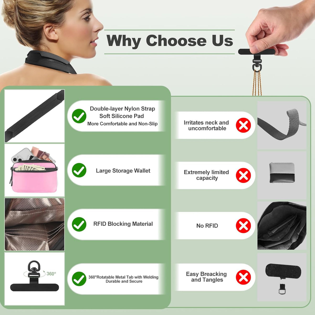 Clip and Go Strap for Phone with Wallet Crossbody, Adjustable Phone Lanyard with Detachable RFID Wristlet Wallet, Universal Phone Strap with 360° Rotatable Phone Tabs for All Phones (Black)