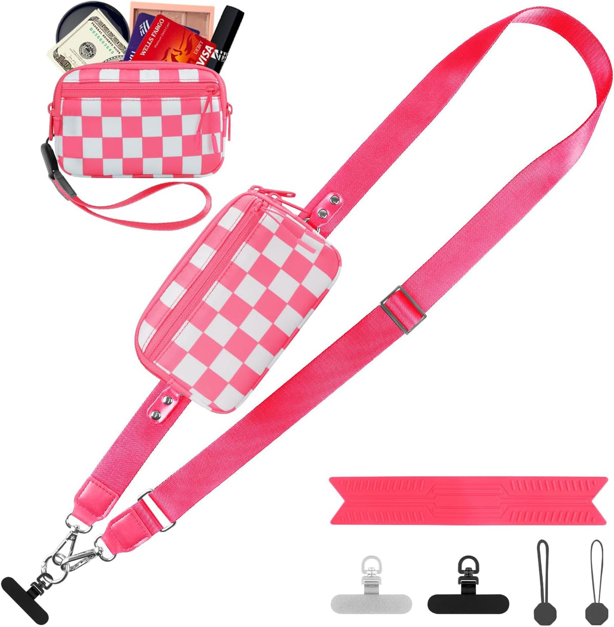 Clip and Go Strap for Phone with Wallet Crossbody, Adjustable Phone Lanyard with Detachable RFID Wristlet Wallet, Universal Phone Strap with 360° Rotatable Phone Tabs for All Phones (Black)
