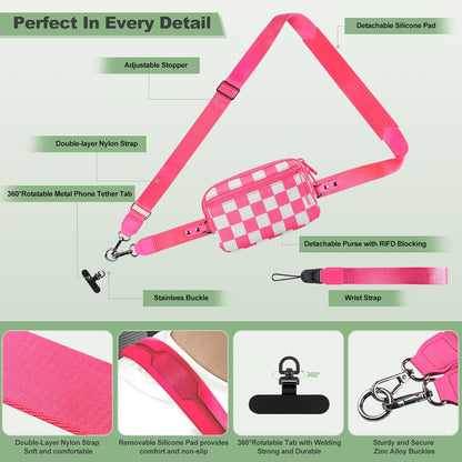 Clip and Go Strap for Phone with Wallet Crossbody, Adjustable Phone Lanyard with Detachable RFID Wristlet Wallet, Universal Phone Strap with 360° Rotatable Phone Tabs for All Phones (Black)