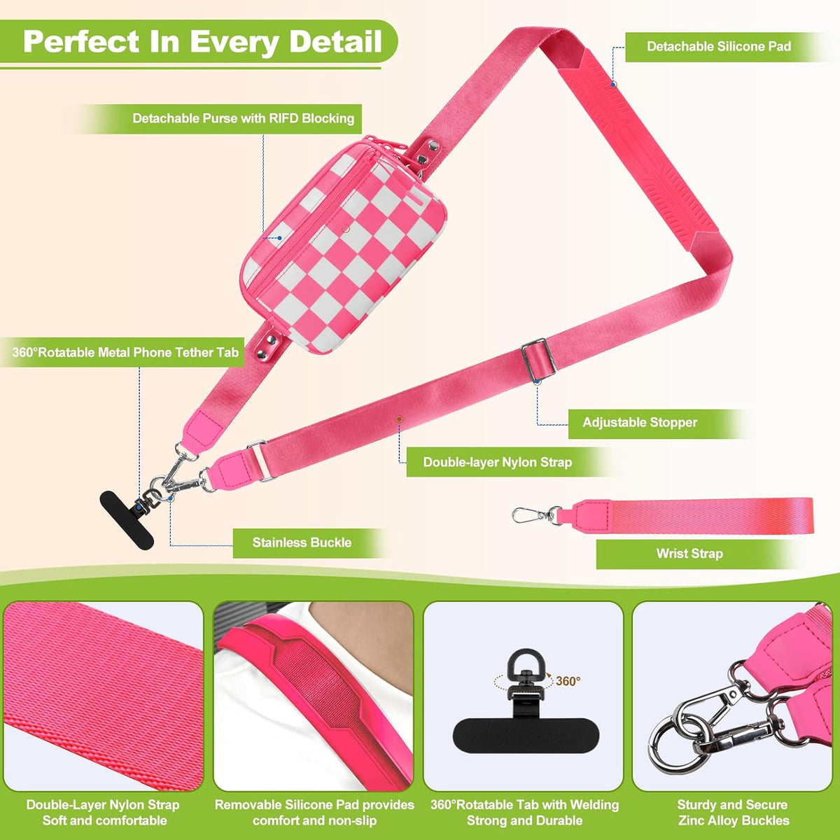 Clip and Go Strap for Phone with Wallet Crossbody, Adjustable Phone Lanyard with Detachable RFID Wristlet Wallet, Universal Phone Strap with 360° Rotatable Phone Tabs for All Phones (Black)