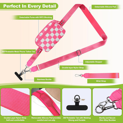 Clip and Go Strap for Phone with Wallet Crossbody, Adjustable Phone Lanyard with Detachable RFID Wristlet Wallet, Universal Phone Strap with 360° Rotatable Phone Tabs for All Phones (Black)