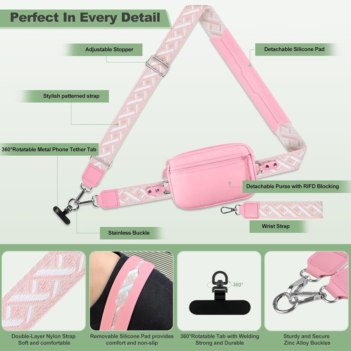 Clip and Go Strap for Phone with Wallet Crossbody, Adjustable Phone Lanyard with Detachable RFID Wristlet Wallet, Universal Phone Strap with 360° Rotatable Phone Tabs for All Phones (Black)