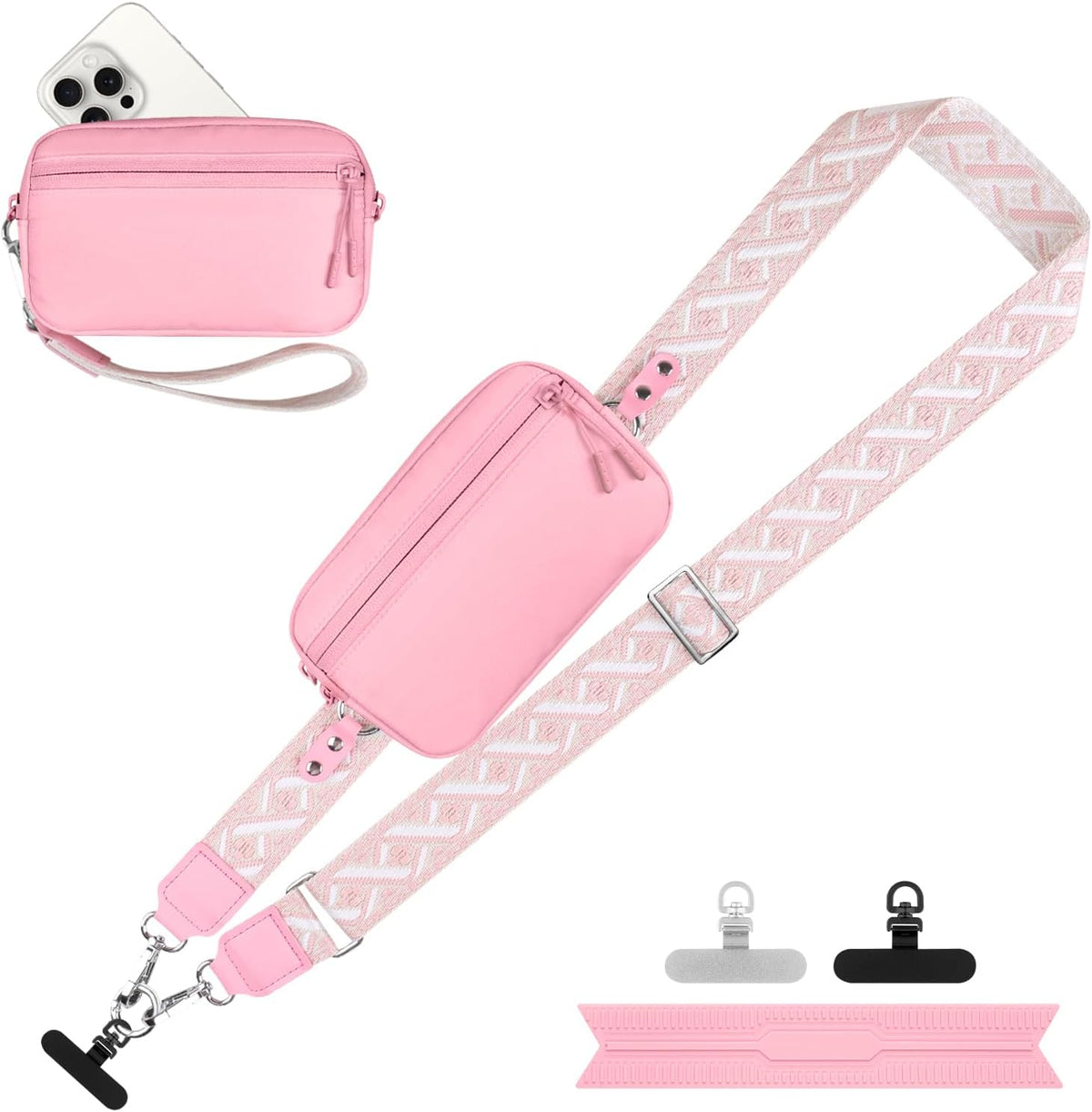 Clip and Go Strap for Phone with Wallet Crossbody, Adjustable Phone Lanyard with Detachable RFID Wristlet Wallet, Universal Phone Strap with 360° Rotatable Phone Tabs for All Phones (Black)