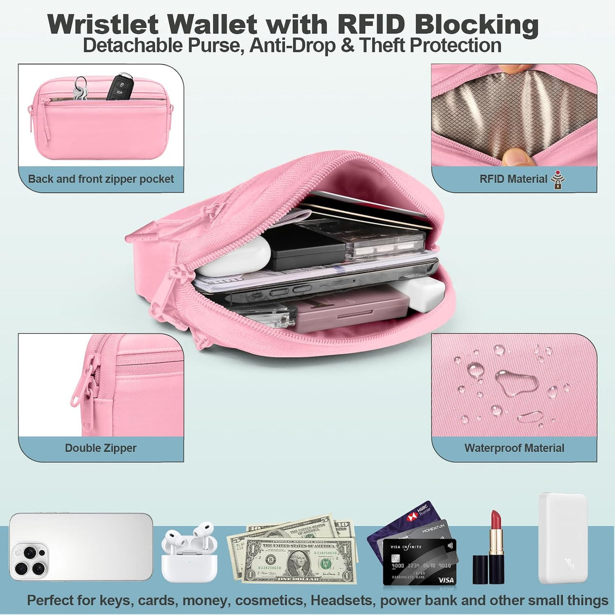 Clip and Go Strap for Phone with Wallet Crossbody, Adjustable Phone Lanyard with Detachable RFID Wristlet Wallet, Universal Phone Strap with 360° Rotatable Phone Tabs for All Phones (Black)