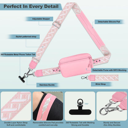 Clip and Go Strap for Phone with Wallet Crossbody, Adjustable Phone Lanyard with Detachable RFID Wristlet Wallet, Universal Phone Strap with 360° Rotatable Phone Tabs for All Phones (Black)